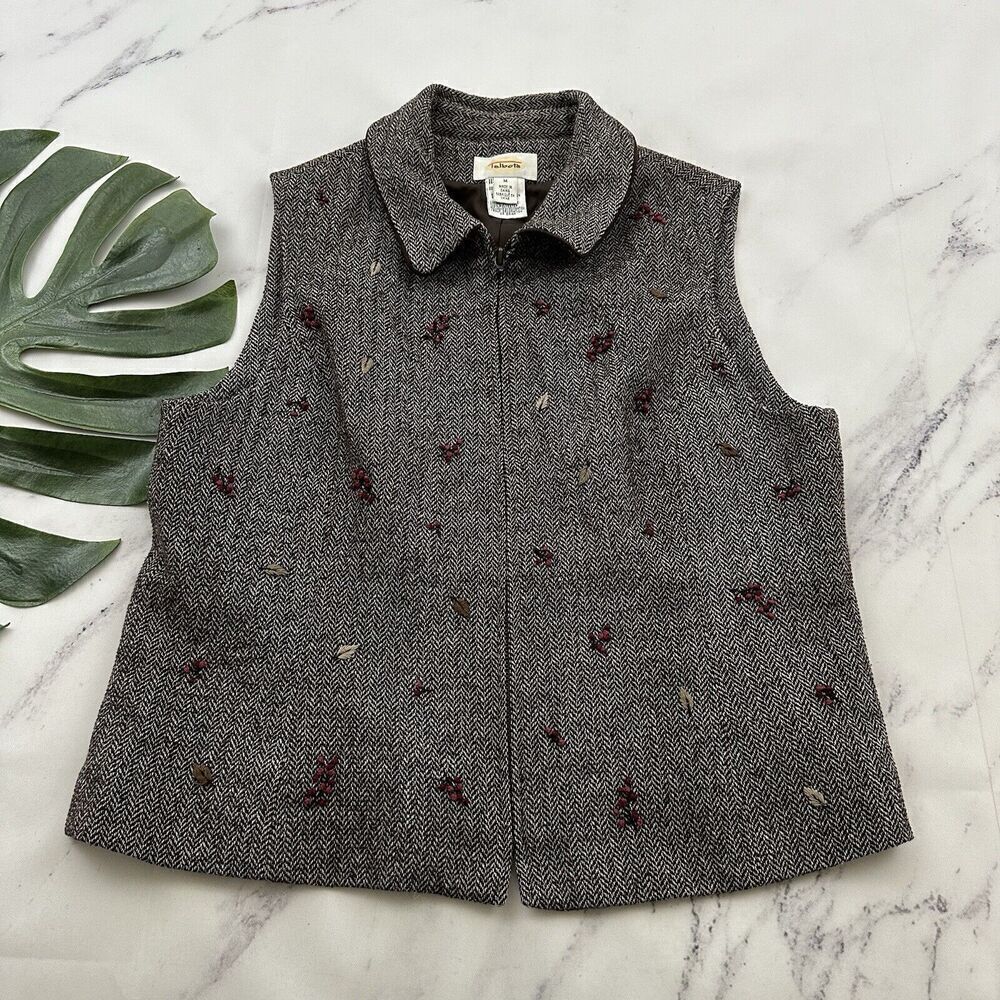 Talbots Womens Vintage 90s Herringbone Vest Size M Brown Wool Blend Floral